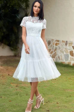 A Line White Lace Wedding Guest Party Dress