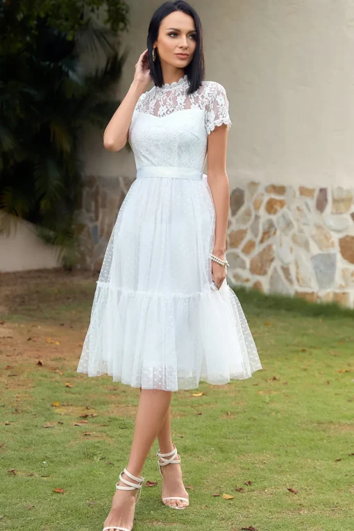 A Line White Lace Wedding Guest Party Dress