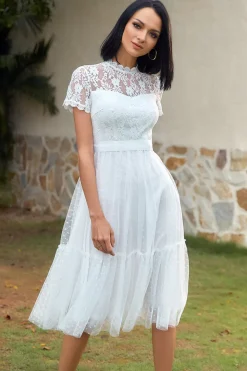 A Line White Lace Wedding Guest Party Dress