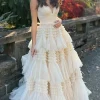 A Line White Spaghetti Straps Princess Prom Dress with Slit