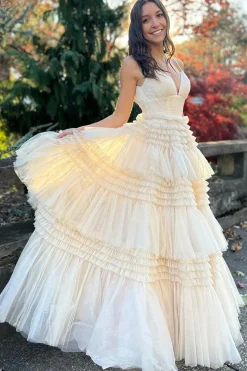 A Line White Spaghetti Straps Princess Prom Dress with Slit