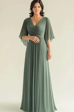 Agave Chiffon Pleated Flare Sleeves V Neck Mother of The Bride Dress