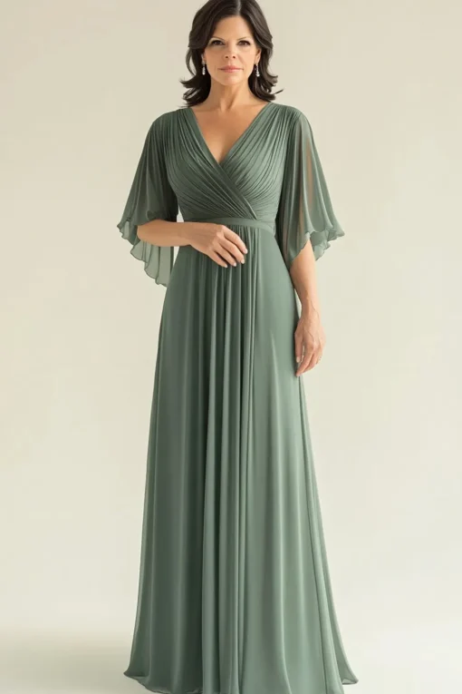 Agave Chiffon Pleated Flare Sleeves V Neck Mother of The Bride Dress