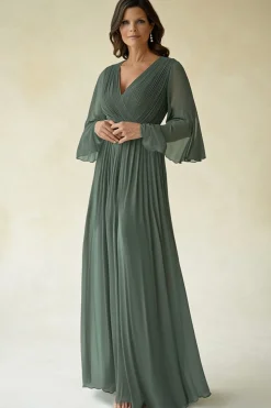 Agave Chiffon Pleated Flare Sleeves V Neck Mother of The Bride Dress