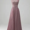 A-Line Beaded Blush Prom Dress