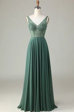 A-Line Beaded Eucalyptus Long Bridesmaid Dress
