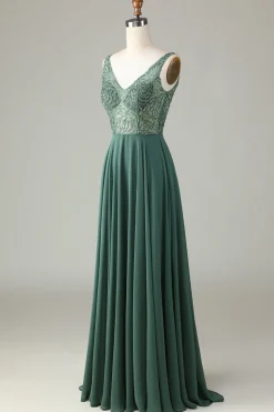 A-Line Beaded Eucalyptus Long Bridesmaid Dress