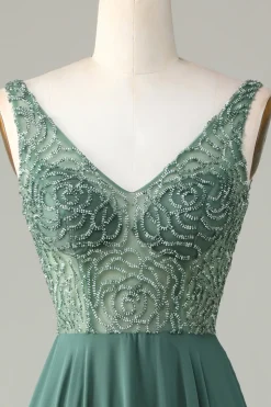 A-Line Beaded Eucalyptus Long Bridesmaid Dress