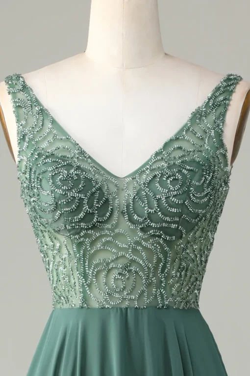 A-Line Beaded Eucalyptus Long Bridesmaid Dress