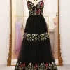 A-Line Black Spaghetti Straps Embroidered Tulle Long Prom Dress