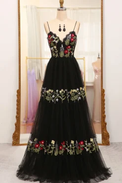 A-Line Black Spaghetti Straps Embroidered Tulle Long Prom Dress