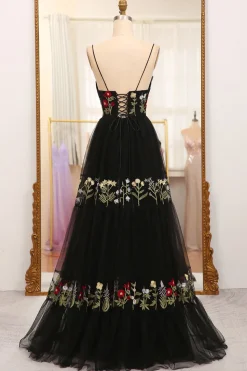 A-Line Black Spaghetti Straps Embroidered Tulle Long Prom Dress