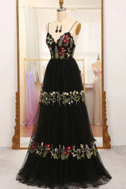 A-Line Black Spaghetti Straps Embroidered Tulle Long Prom Dress