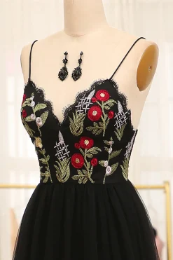 A-Line Black Spaghetti Straps Embroidered Tulle Long Prom Dress