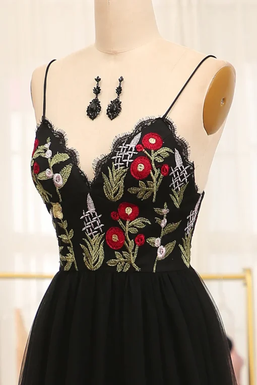 A-Line Black Spaghetti Straps Embroidered Tulle Long Prom Dress