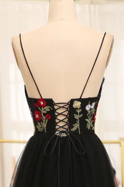 A-Line Black Spaghetti Straps Embroidered Tulle Long Prom Dress
