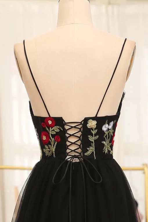 A-Line Black Spaghetti Straps Embroidered Tulle Long Prom Dress
