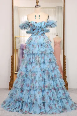 A-line Blue Printed Convertible Off the Shoulder Long Tiered Prom Dress