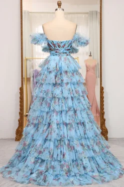 A-line Blue Printed Convertible Off the Shoulder Long Tiered Prom Dress