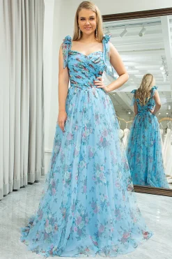 A-line Blue Printed Off The Shoulder Prom Dress