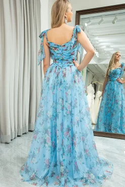 A-line Blue Printed Off The Shoulder Prom Dress