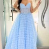 A-line Blue Strapless Tiered Corset Prom Dress with Appliques