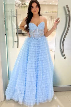 A-line Blue Strapless Tiered Corset Prom Dress with Appliques