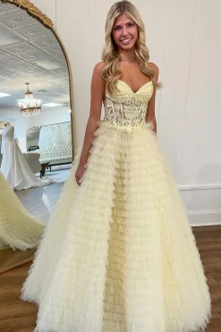 A-line Blue Strapless Tiered Corset Prom Dress with Appliques