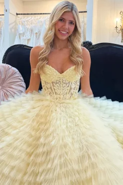 A-line Blue Strapless Tiered Corset Prom Dress with Appliques