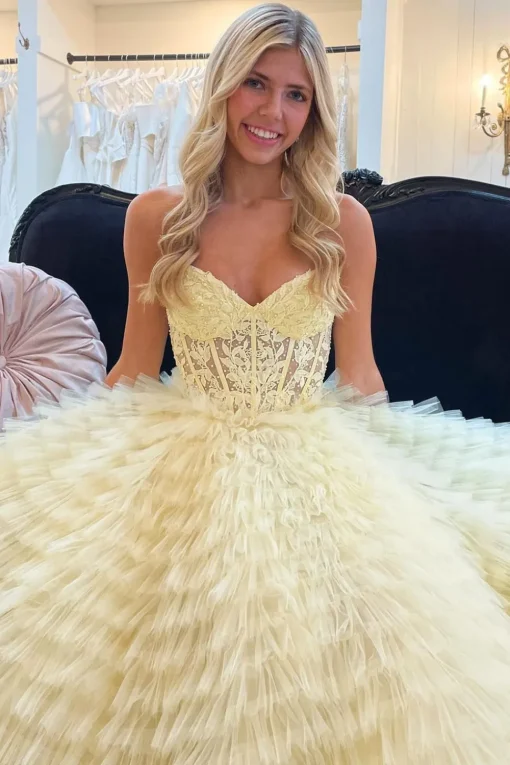 A-line Blue Strapless Tiered Corset Prom Dress with Appliques