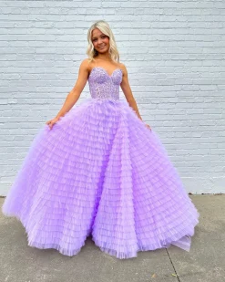 A-line Blue Strapless Tiered Corset Prom Dress with Appliques