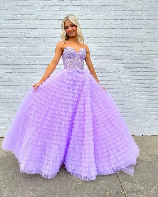 A-line Blue Strapless Tiered Corset Prom Dress with Appliques