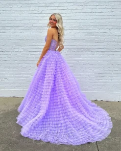 A-line Blue Strapless Tiered Corset Prom Dress with Appliques