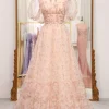 A-Line Champagne Printed Square Neck Long Prom Dress