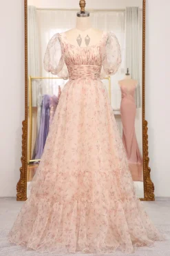 A-Line Champagne Printed Square Neck Long Prom Dress