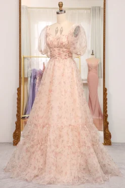 A-Line Champagne Printed Square Neck Long Prom Dress