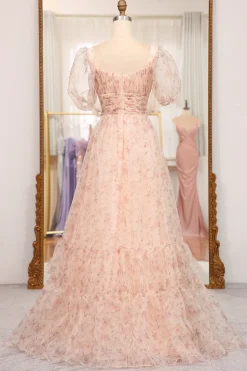 A-Line Champagne Printed Square Neck Long Prom Dress