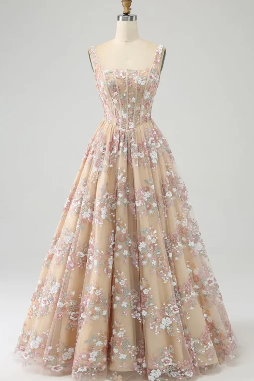 A-Line Champagne Spaghetti Straps Beaded Corset Prom Dress