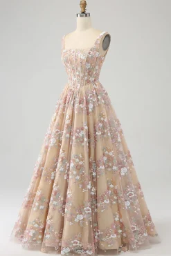 A-Line Champagne Spaghetti Straps Beaded Corset Prom Dress