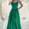 A-line Dark Green Spaghetti Straps Corset Prom Dress with Slit