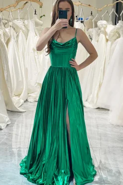 A-line Dark Green Spaghetti Straps Corset Prom Dress with Slit