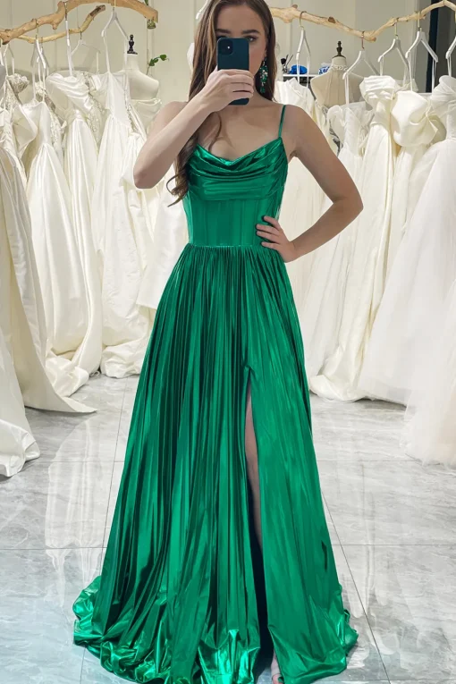 A-line Dark Green Spaghetti Straps Corset Prom Dress with Slit