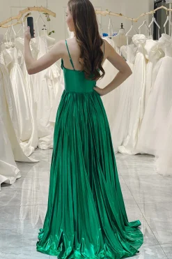 A-line Dark Green Spaghetti Straps Corset Prom Dress with Slit