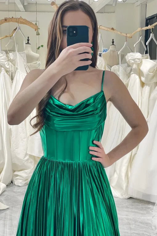 A-line Dark Green Spaghetti Straps Corset Prom Dress with Slit