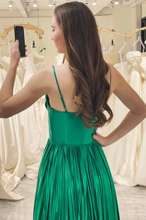 A-line Dark Green Spaghetti Straps Corset Prom Dress with Slit