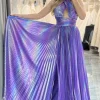 A-line Dark Purple Halter Neck Pleated Prom Dress