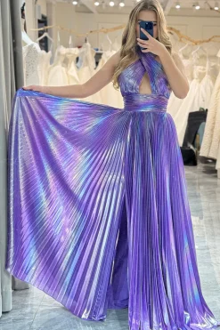 A-line Dark Purple Halter Neck Pleated Prom Dress