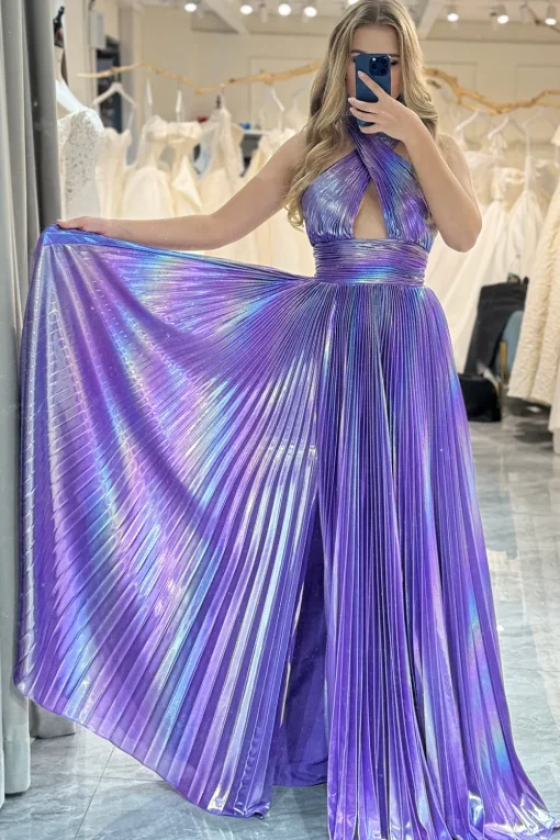 A-line Dark Purple Halter Neck Pleated Prom Dress