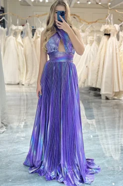 A-line Dark Purple Halter Neck Pleated Prom Dress