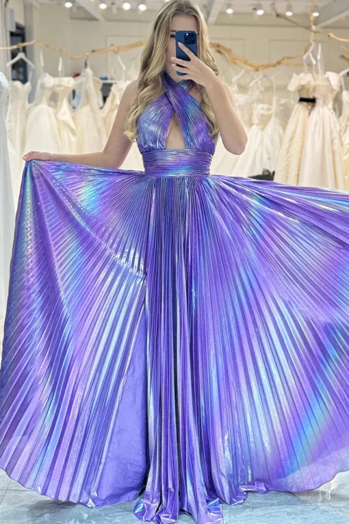 A-line Dark Purple Halter Neck Pleated Prom Dress